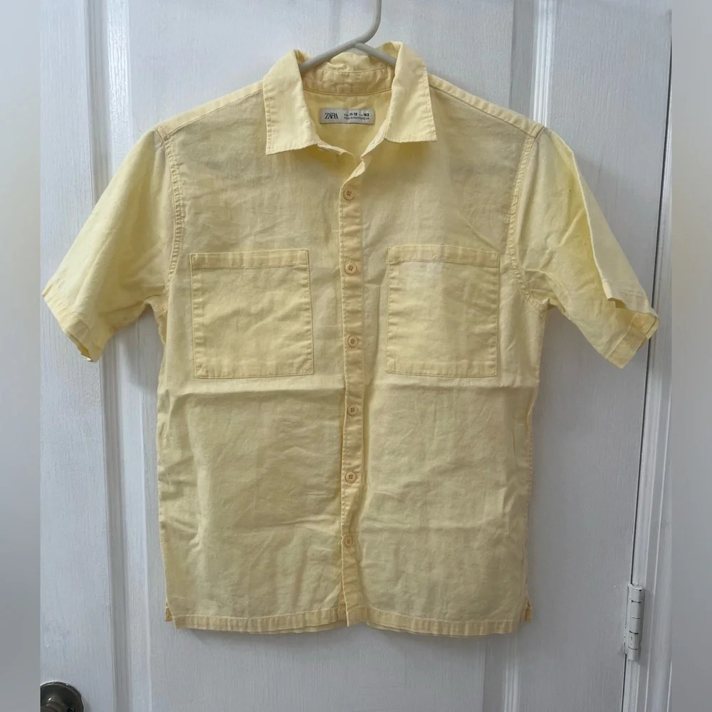 Zara Boys Linen Blended Cotton Yellow Pocket Shirt (Size 11-12) - Picture 4 of 6